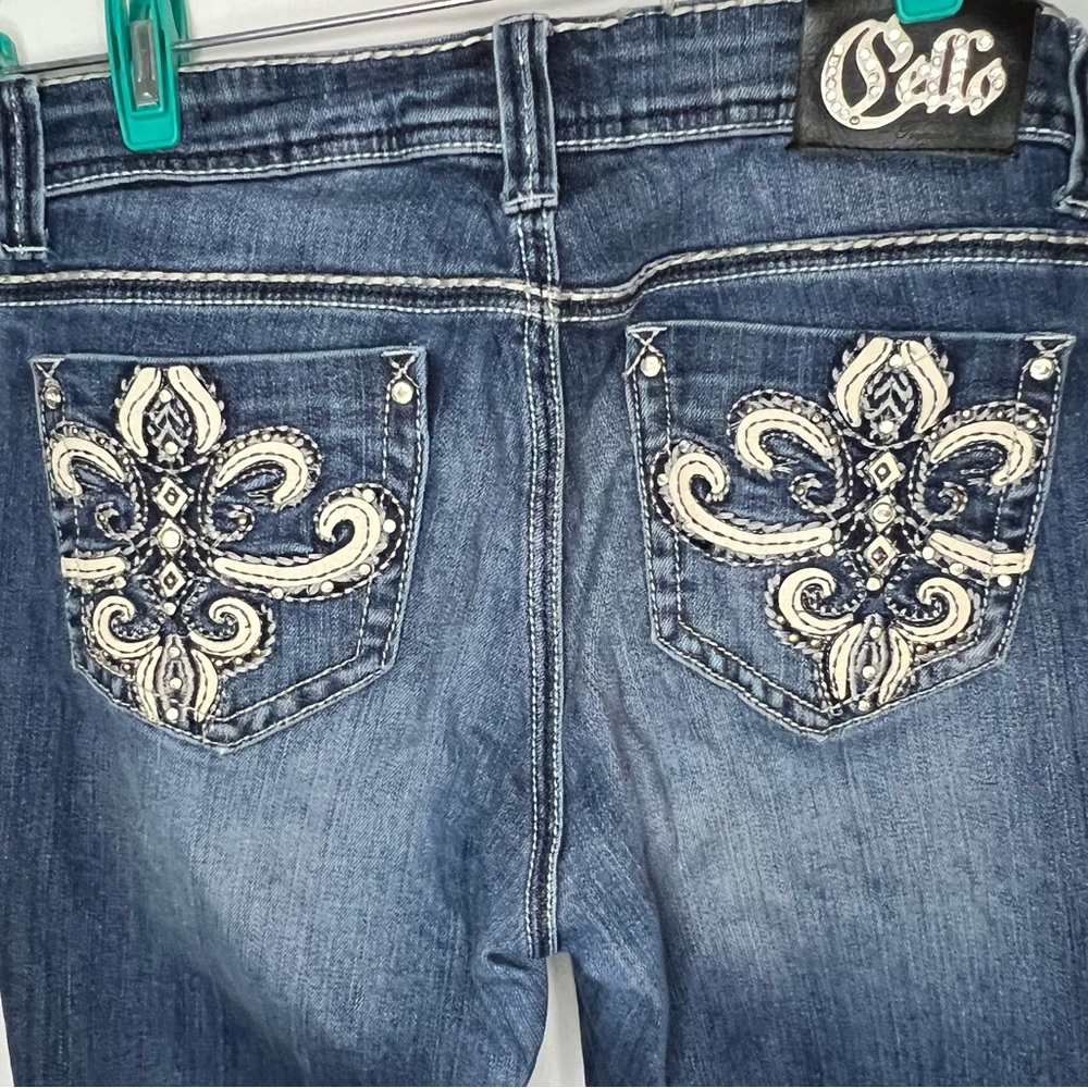 Cello Boot Cut Jeans with Fleur-de-lis Bling on back and front pocket